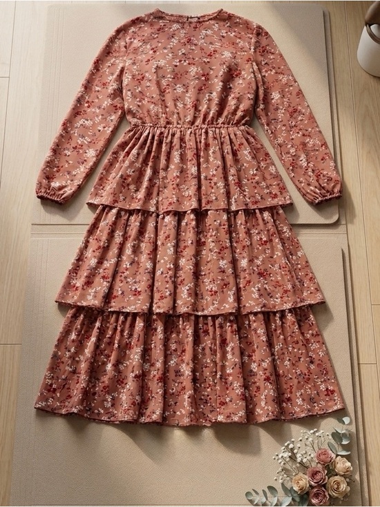 Lipslide Dresses & Skirts - Rust Floral Tiered Long-Sleeve Maxi Dress